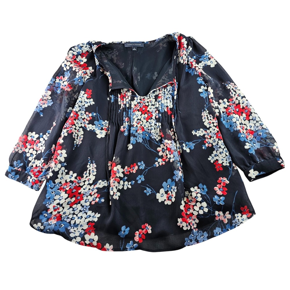 Tommy Hilfiger Blouse Top Womens Large Navy Floral Sheer Lined Pintuck Tie Front